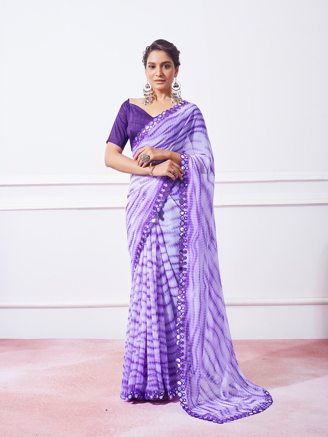 

Mitera Purple Tie and Dye Mirror Work Pure Georgette Saree
