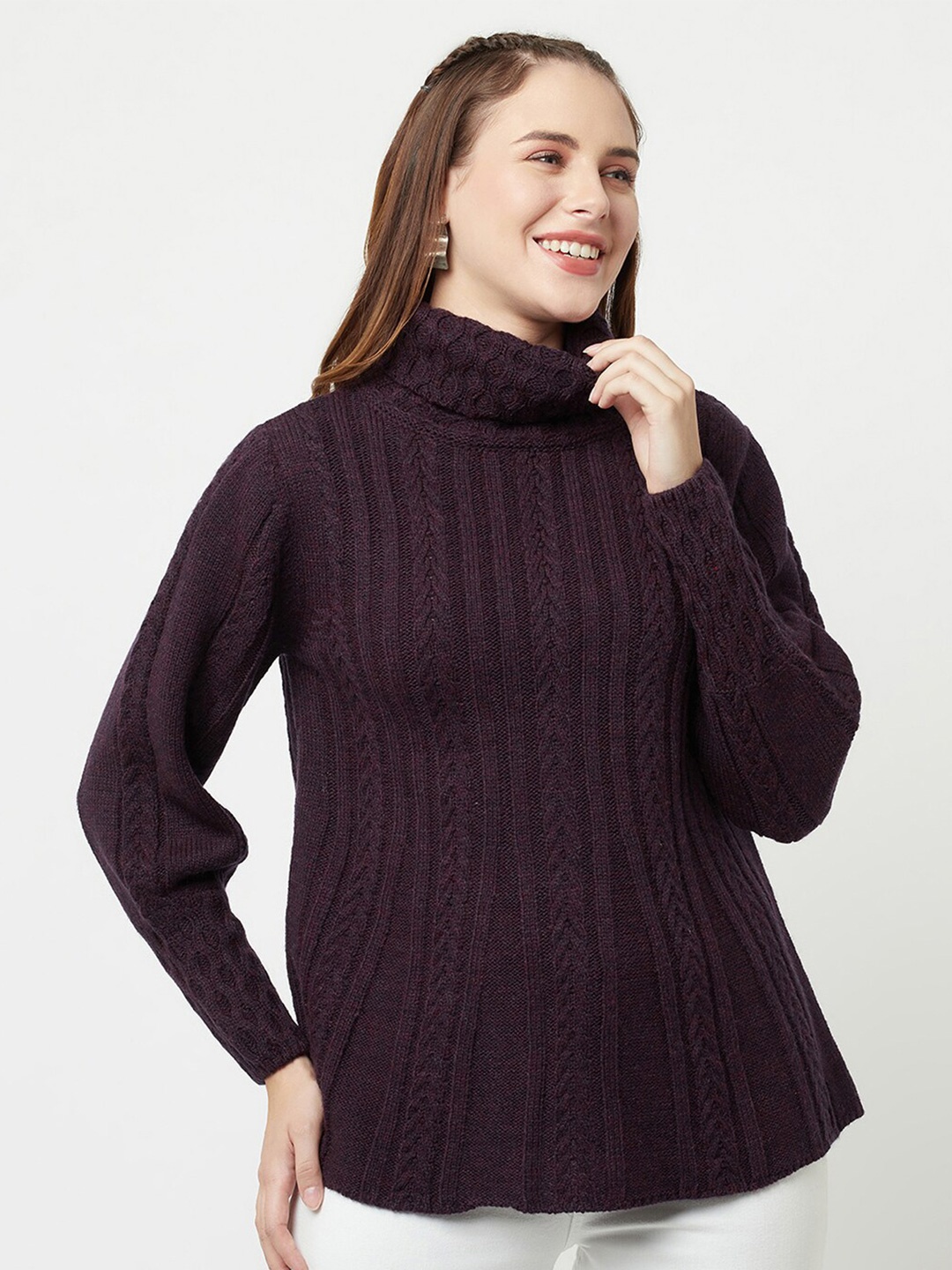 

Knitstudio Cable Knit Turtle Neck Long Sleeves Wool Pullover Sweater, Purple