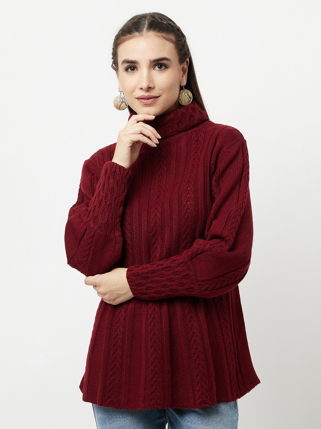 

Knitstudio Cable Knit Turtle Neck Woollen Longline Pullover, Maroon