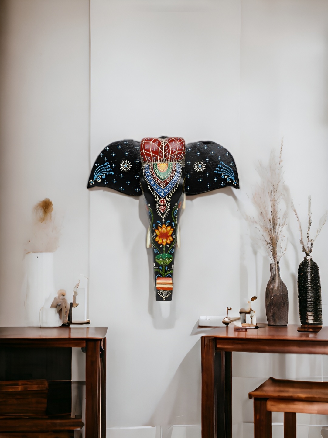 

THE COCOTIER Black & Blue Painted Wooden Elephant Face Wall Hanging
