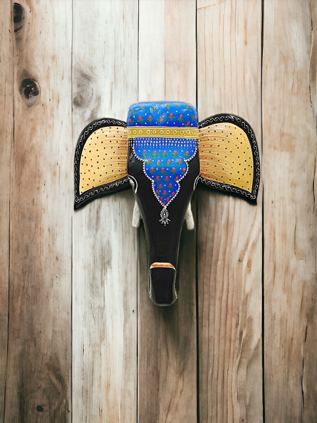 

THE COCOTIER Yellow & Black Painted Elephant Head Wooden Wall Hanging
