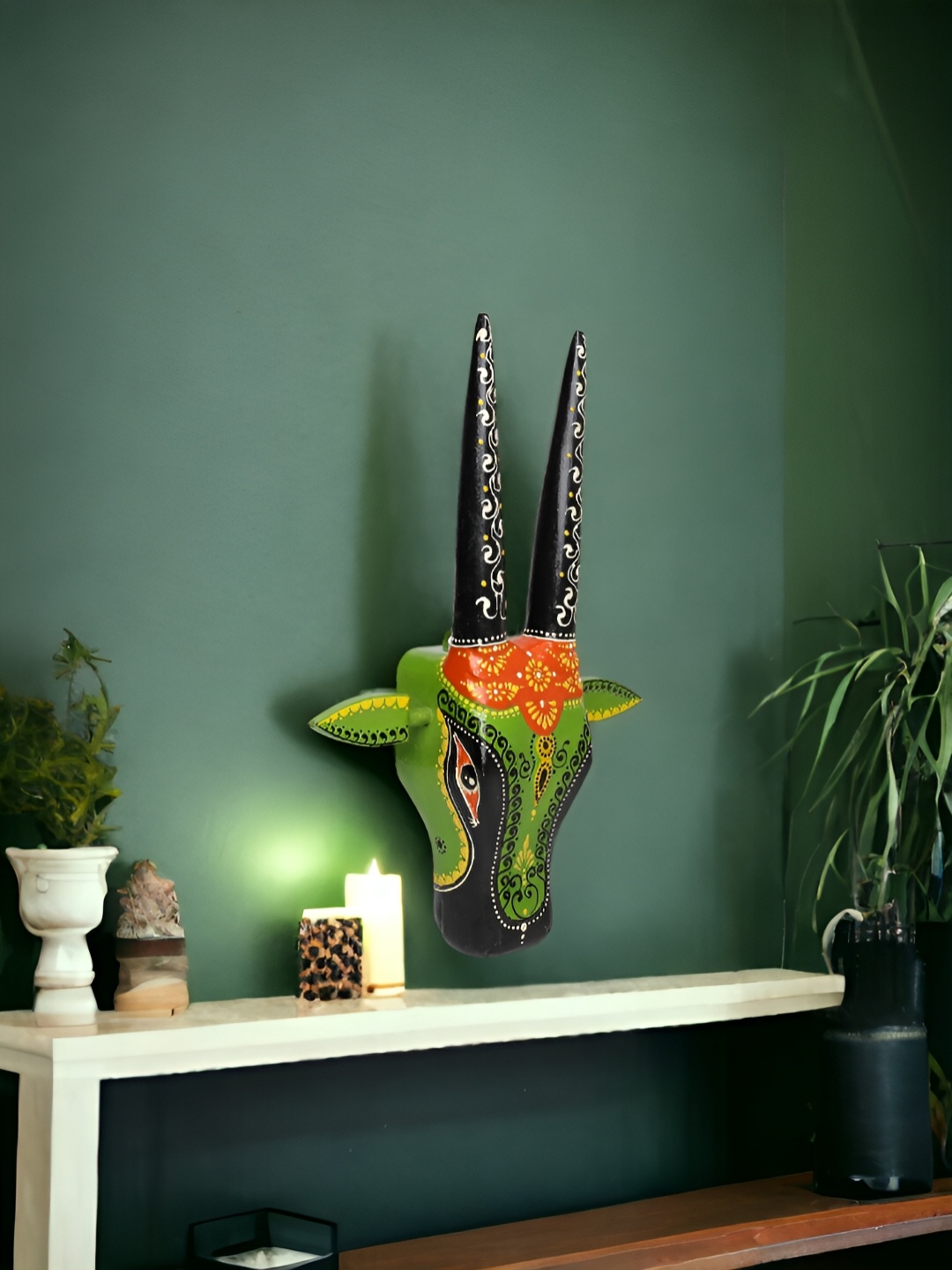

THE COCOTIER Green & Black Painted Wooden Animal Heads Wall Hanging