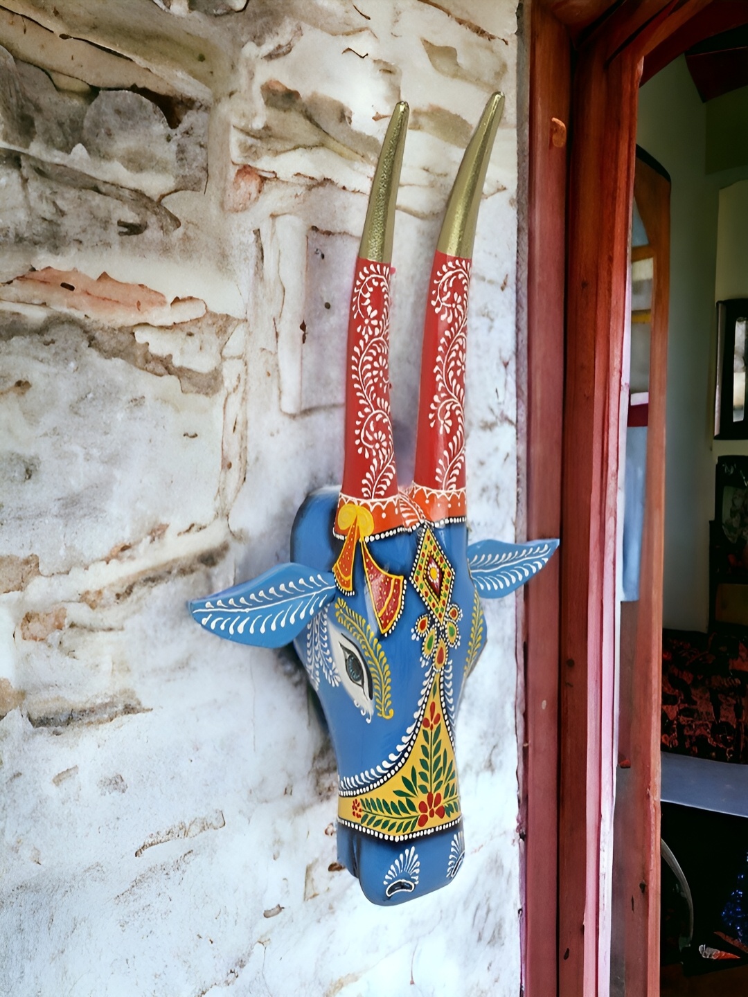 

THE COCOTIER Blue & Red Wooden Bull Head Wall Hanging