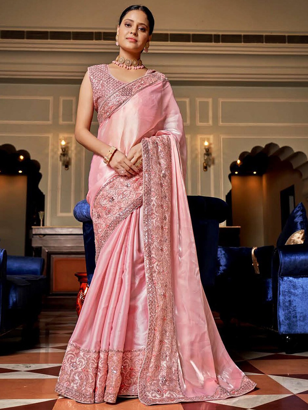 

Mitera Pink Embellished Embroidered Organza Saree With Belt
