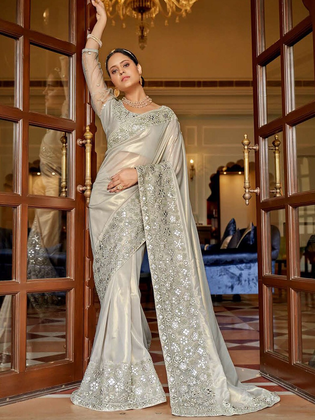 

Mitera Silver-Toned Mirror Work Embroidered Organza Saree