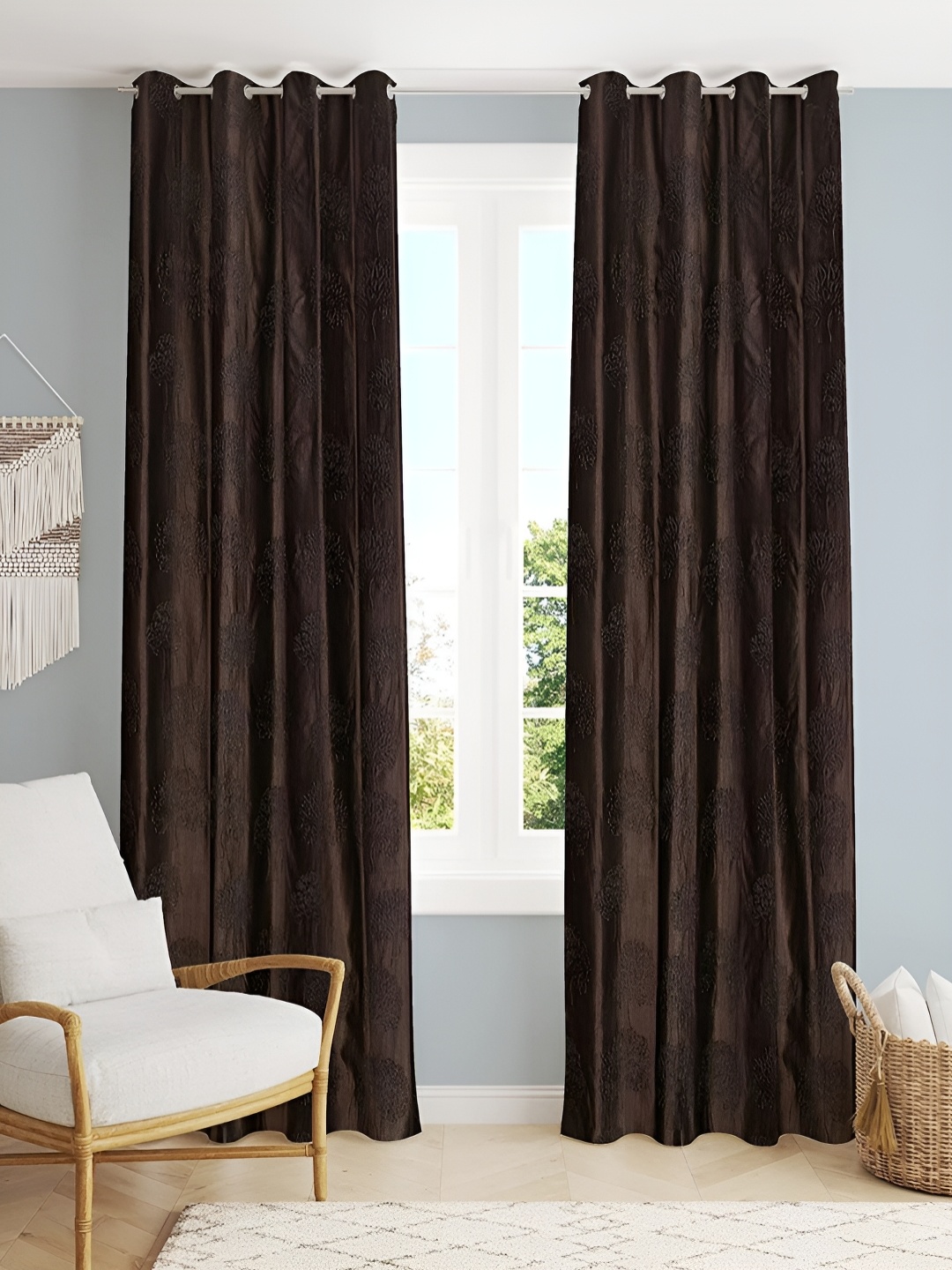 

Kraftiq Homes Treepunch Brown 2 Pieces Eyelet Floral Room Darkening Door Curtains