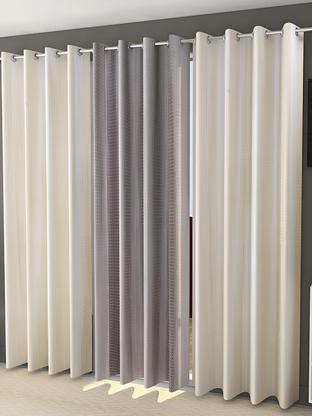 

Kraftiq Homes Beige & Grey 3 Pieces Textured Room Darkening Door Curtains