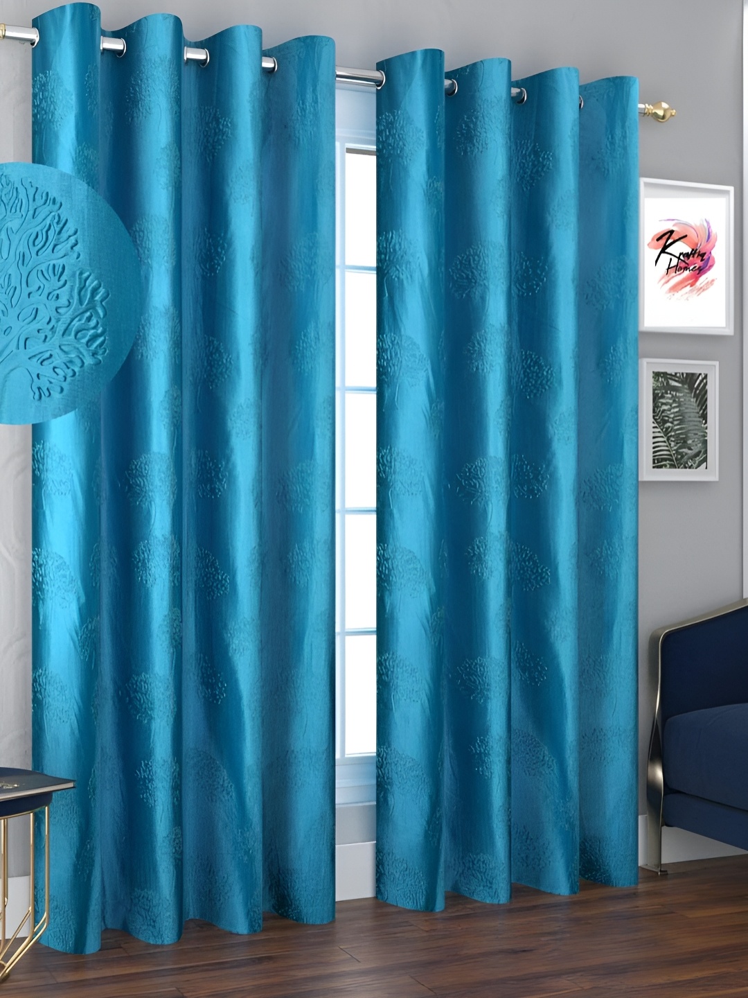 

Kraftiq Homes Blue 2 Pieces Floral Textured Room Darkening Window Curtain