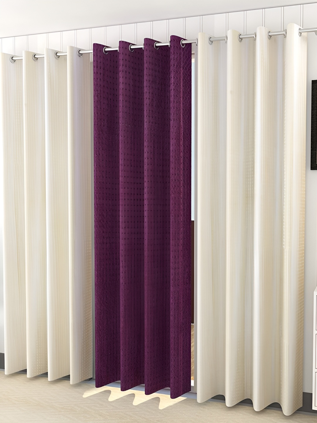 

Kraftiq Homes PlainPunching White & Purple 3 Pieces Room Darkening Long Door Curtains