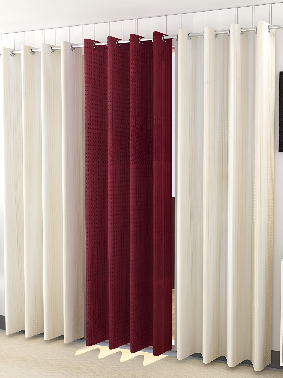 

Kraftiq Homes PlainPunching White & Maroon 3 Pieces Room Darkening Window Curtains