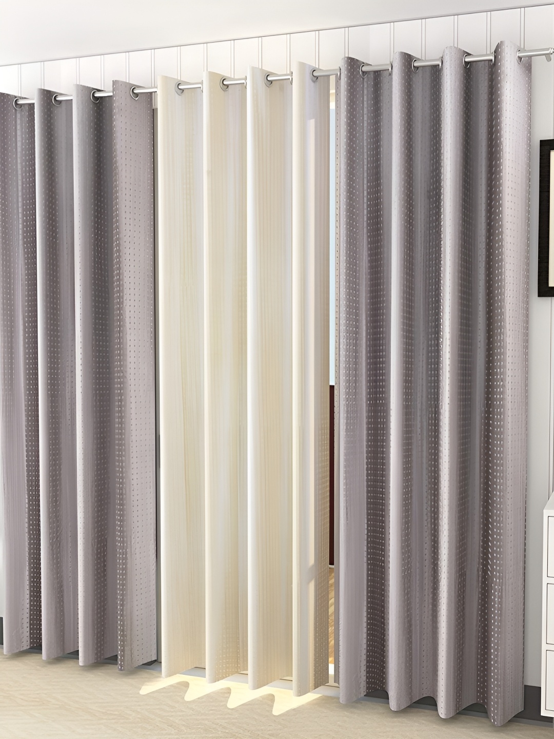 

Kraftiq Homes PlainPunching Grey & Cream 3 pieces Room Darkening Window Curtains