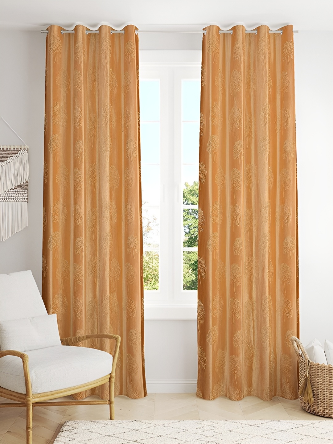 

Kraftiq Homes TreePunch Gold Toned 2 Pieces Floral Printed Room Darkening Door Curtains, Beige