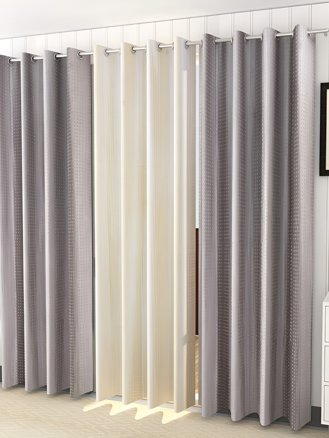 

Kraftiq Homes plainpunching White 3 Pieces Room Darkening Long Door Curtains, Grey