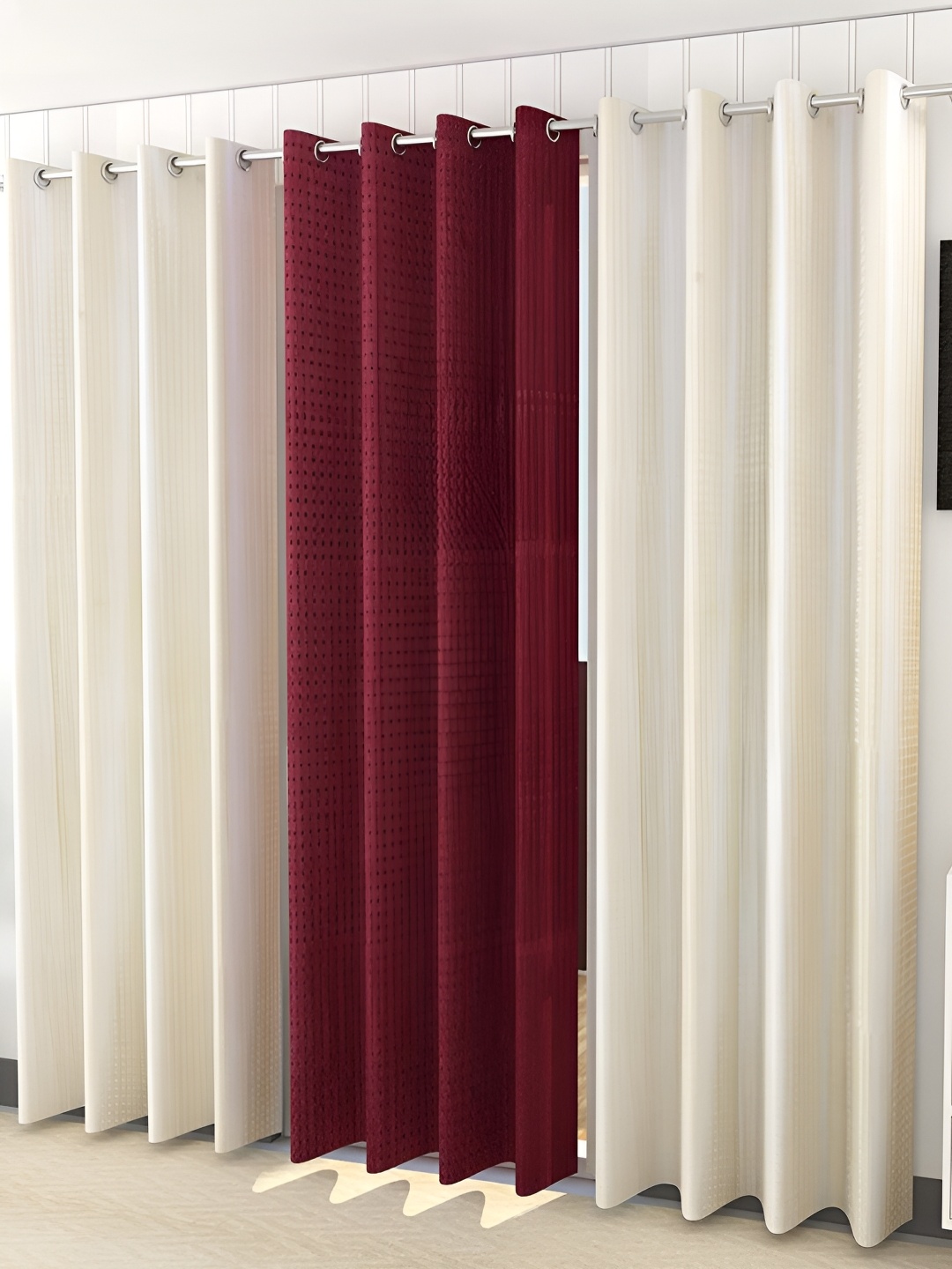 

Kraftiq Homes plainpunching Maroon & White 3 Pcs Abstract Room Darkening Door Curtain