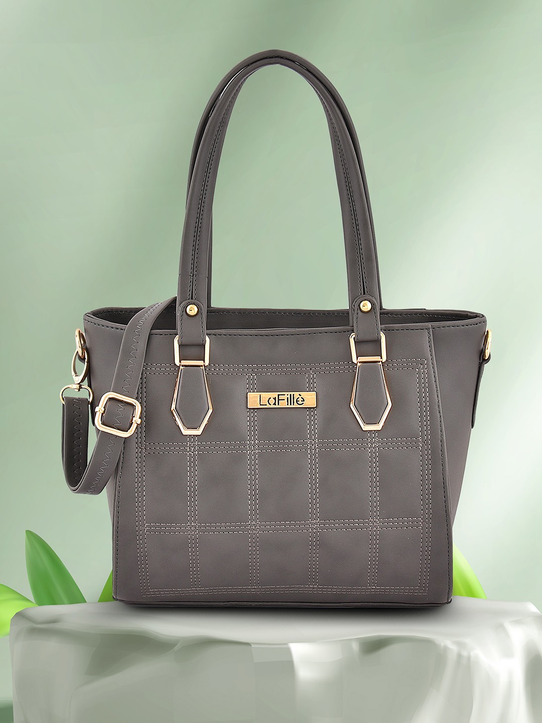 

LaFille Checked Quilted Detailed Structured Shoulder Bag, Grey