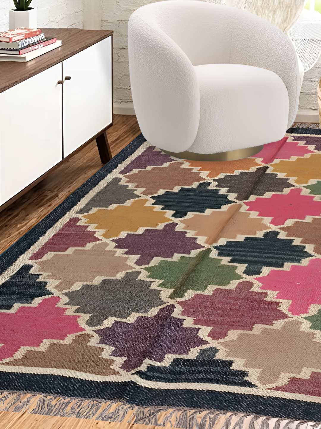 

Budhrajrugs Black & Purple Geometric Wool Jute Rectangular Dhurries
