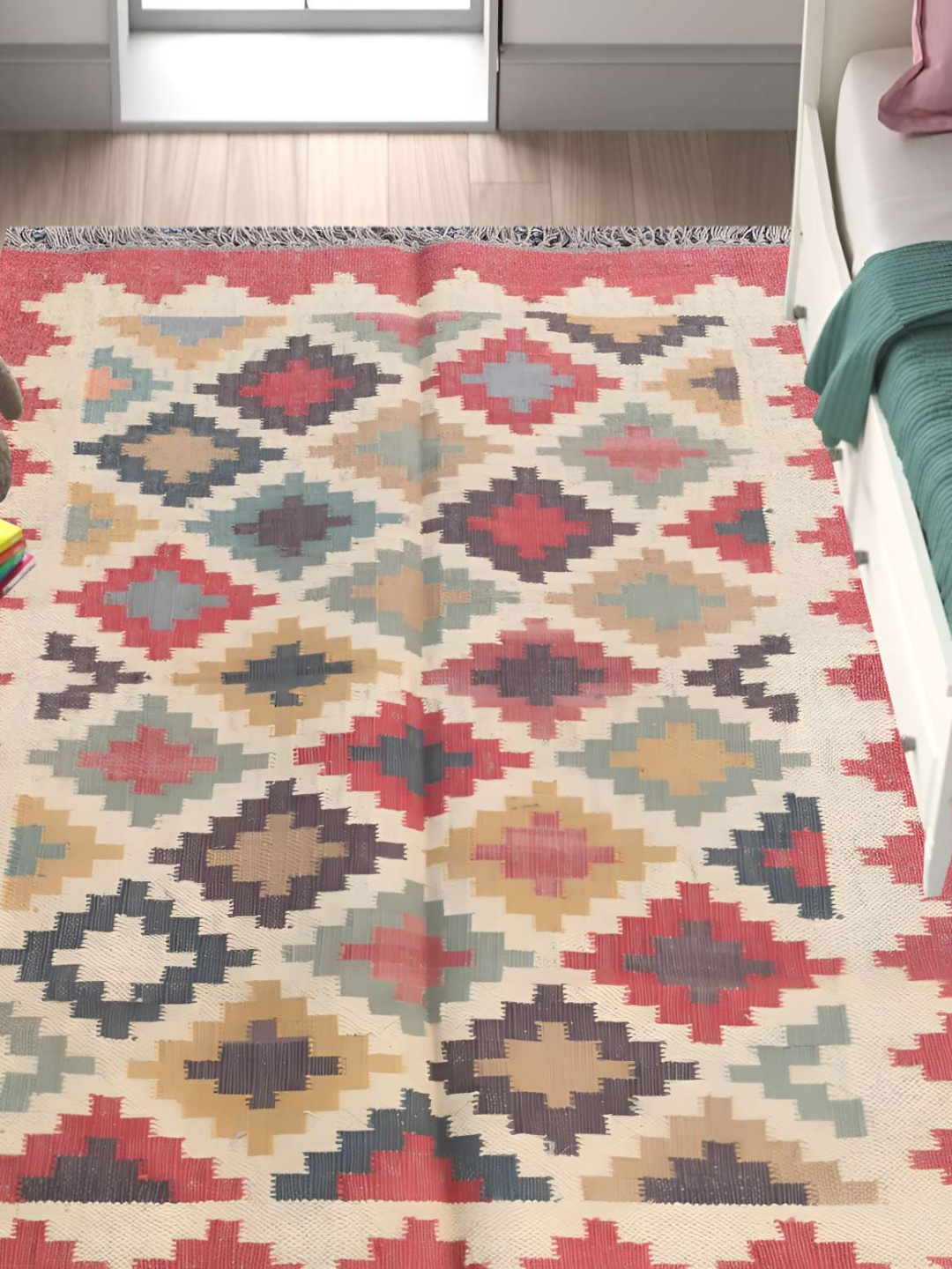 

Budhrajrugs Red Geometric Woollen Jute Rectangle Dhurrie