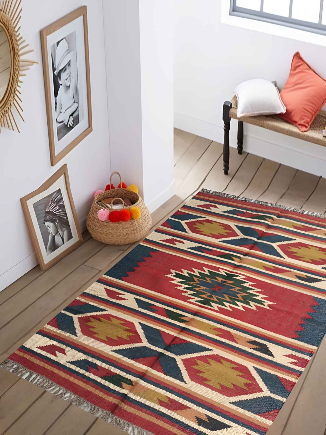 

Budhrajrugs Red Geometric Woollen Jute Rectangle Dhurrie