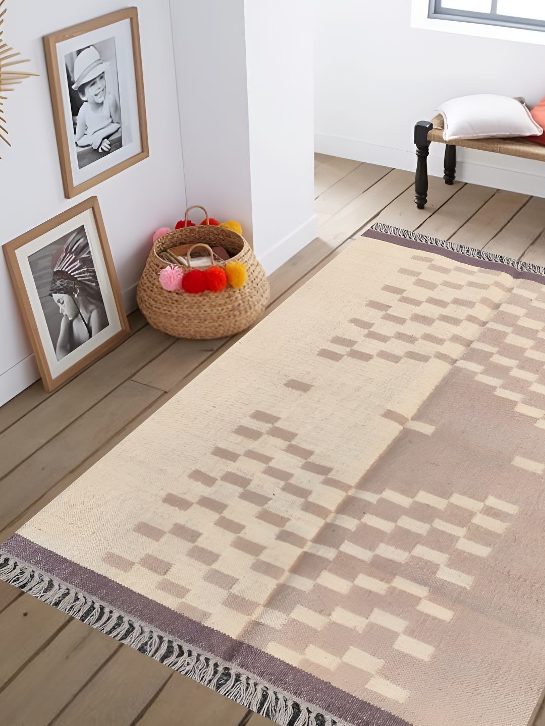 

Budhrajrugs Beige Geometric Reversible Rectangular Dhurrie
