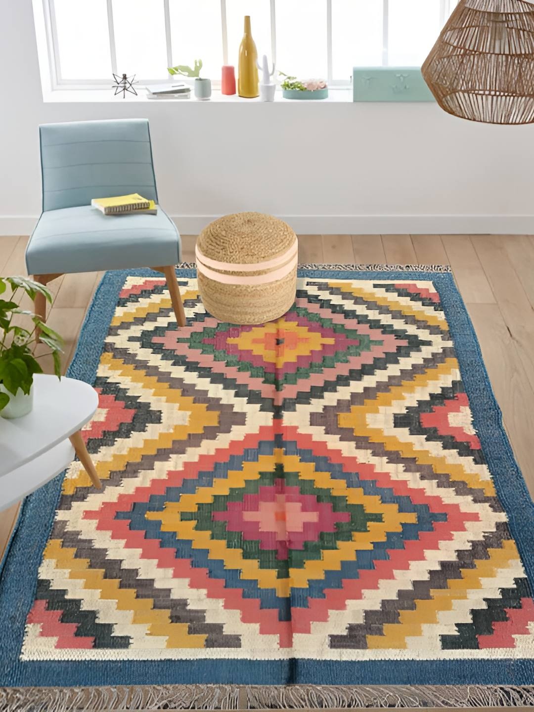 

Budhrajrugs Blue & Yellow Geometric Rectangular Dhurrie