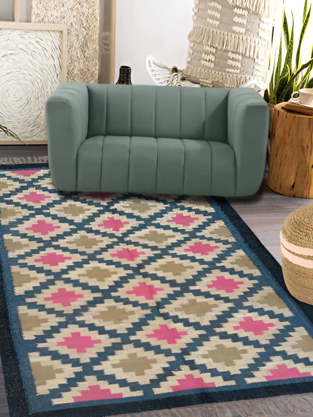

Budhrajrugs Blue & Beige Self Design Reversible Dhurrie