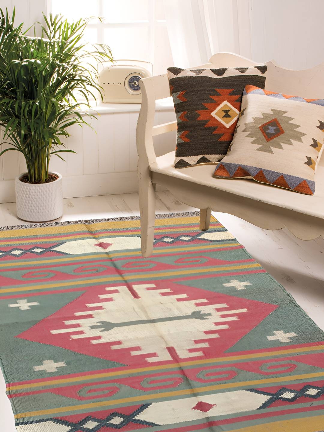 

Budhrajrugs Pink & Green Self Design Reversible Dhurrie