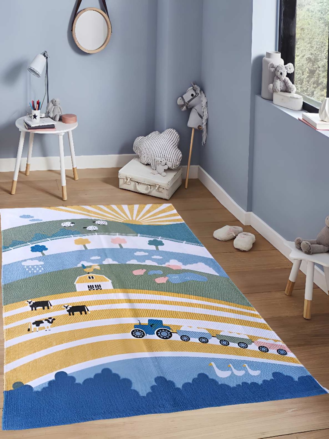 

Budhrajrugs White & Blue Self Design Dhurrie