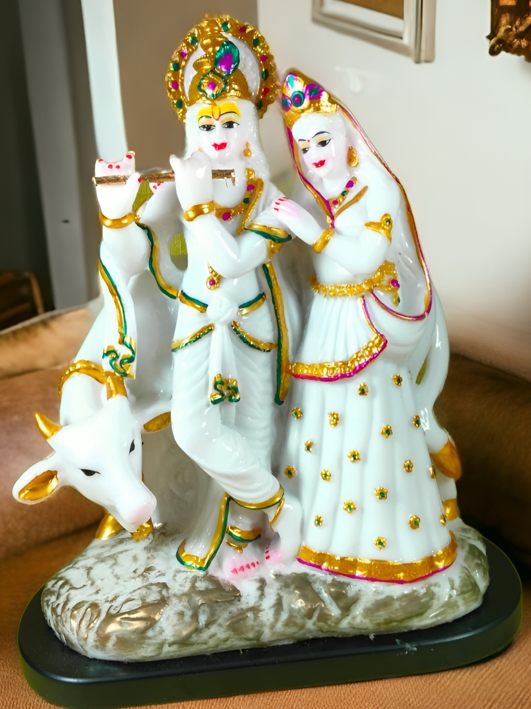 

SANKALAN CREATIONS White Lord Radha Krishna & Cow Idol Showpiece