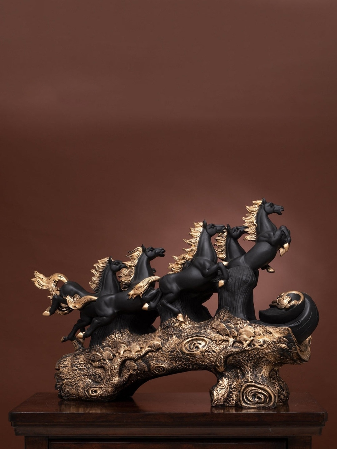 

SANKALAN CREATIONS Black & Gold Toned The Majestic Eight Horses Figurine Showpiece