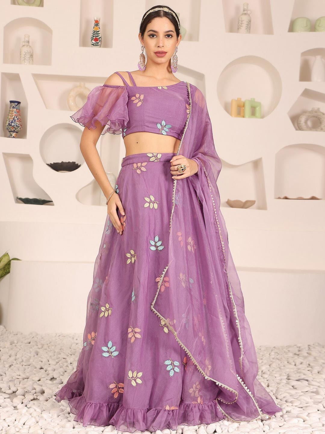 

Ethnovog Embroidered Organza Ready to Wear Lehenga & Blouse With Dupatta, Purple