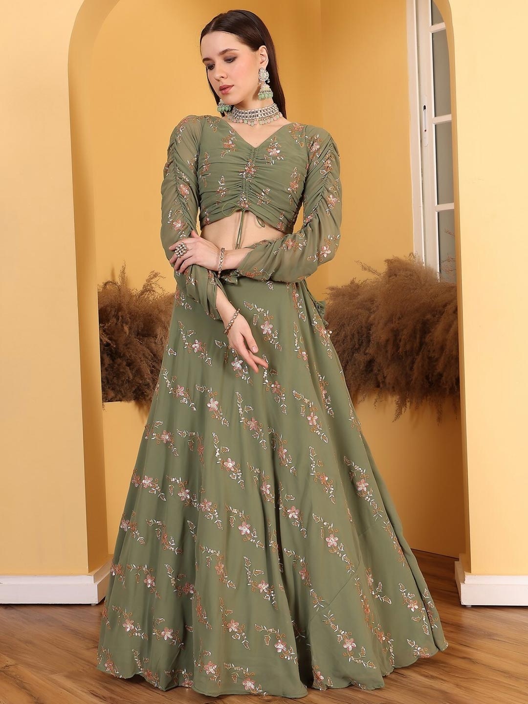 

Ethnovog Embroidered Sequinned Ready to Wear Lehenga & Blouse With Dupatta, Green