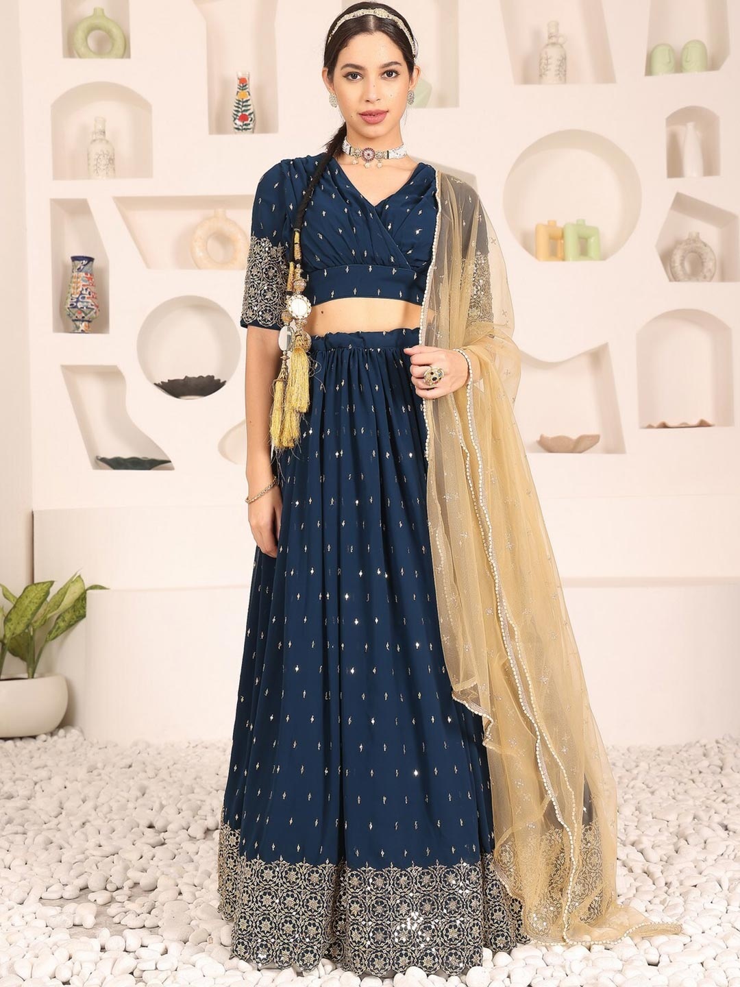 

Ethnovog Embroidered Sequinned Ready to Wear Lehenga & Blouse With Dupatta, Teal