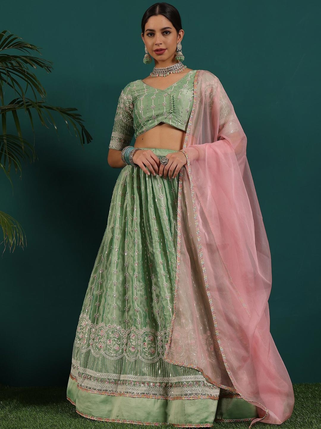 

Ethnovog Embroidered Ready to Wear Lehenga & Blouse With Dupatta, Green