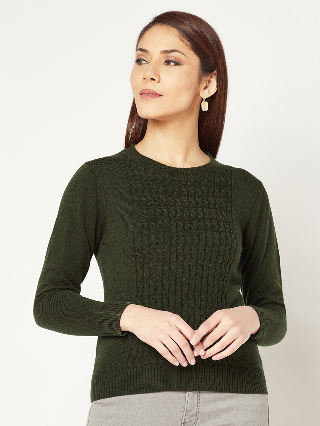 

Knitstudio Cable Knit Self Design Woollen Pullover Sweater, Olive