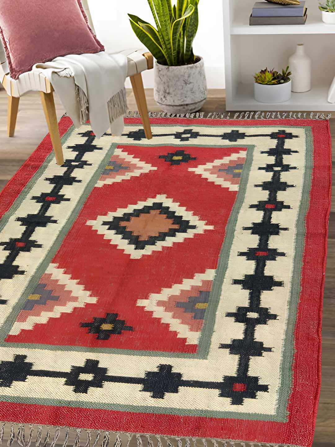 

Budhrajrugs Red & Beige Self Design Reversible Dhurrie