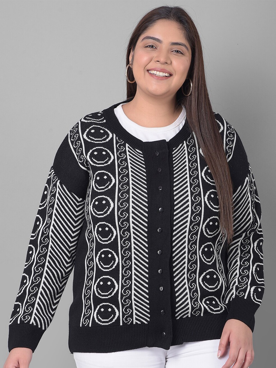 

Club York Plus Size Geometric Printed Acrylic Cardigan Sweater, Black