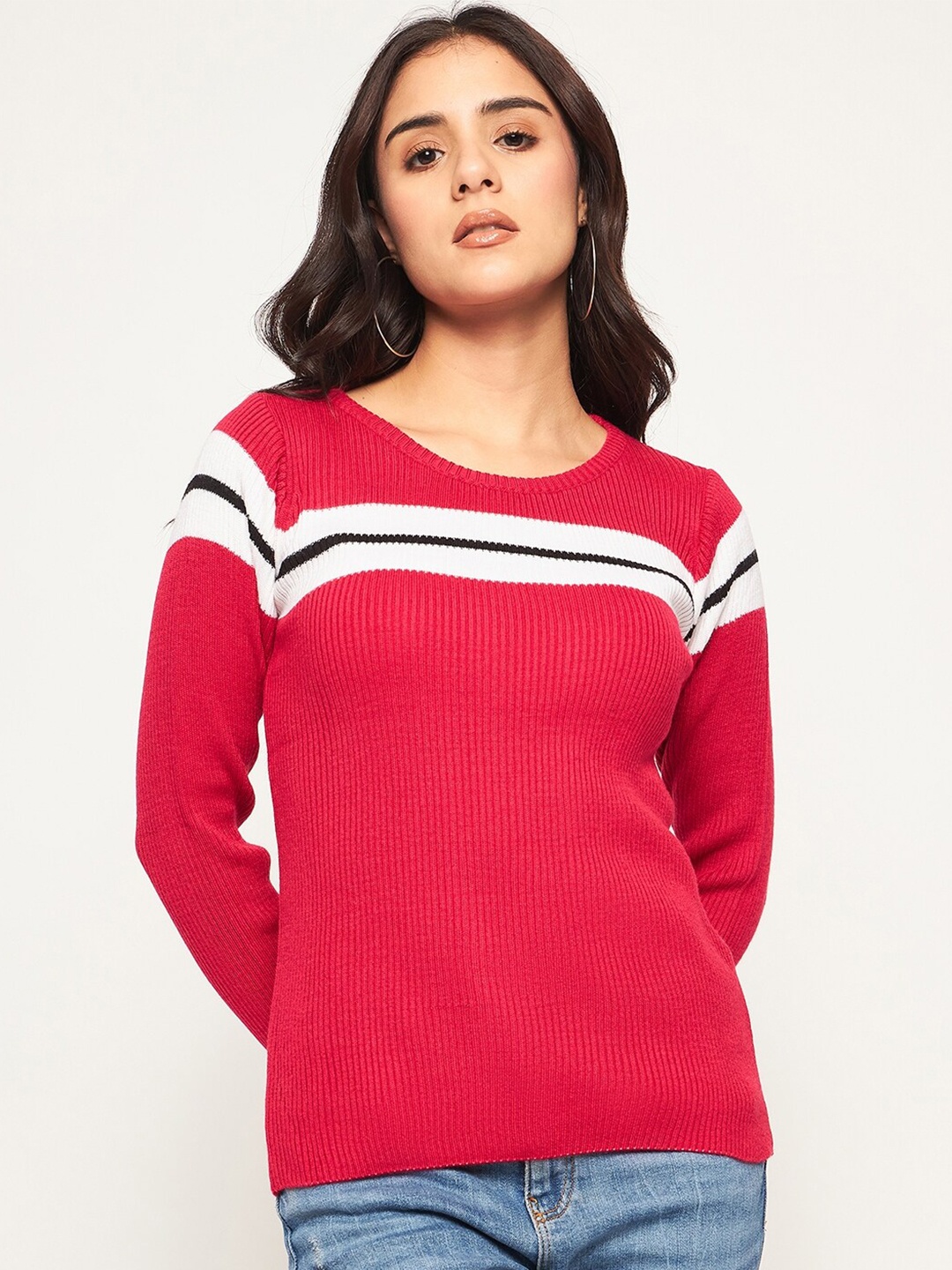 

Club York Striped Acrylic Pullover Sweater, Pink