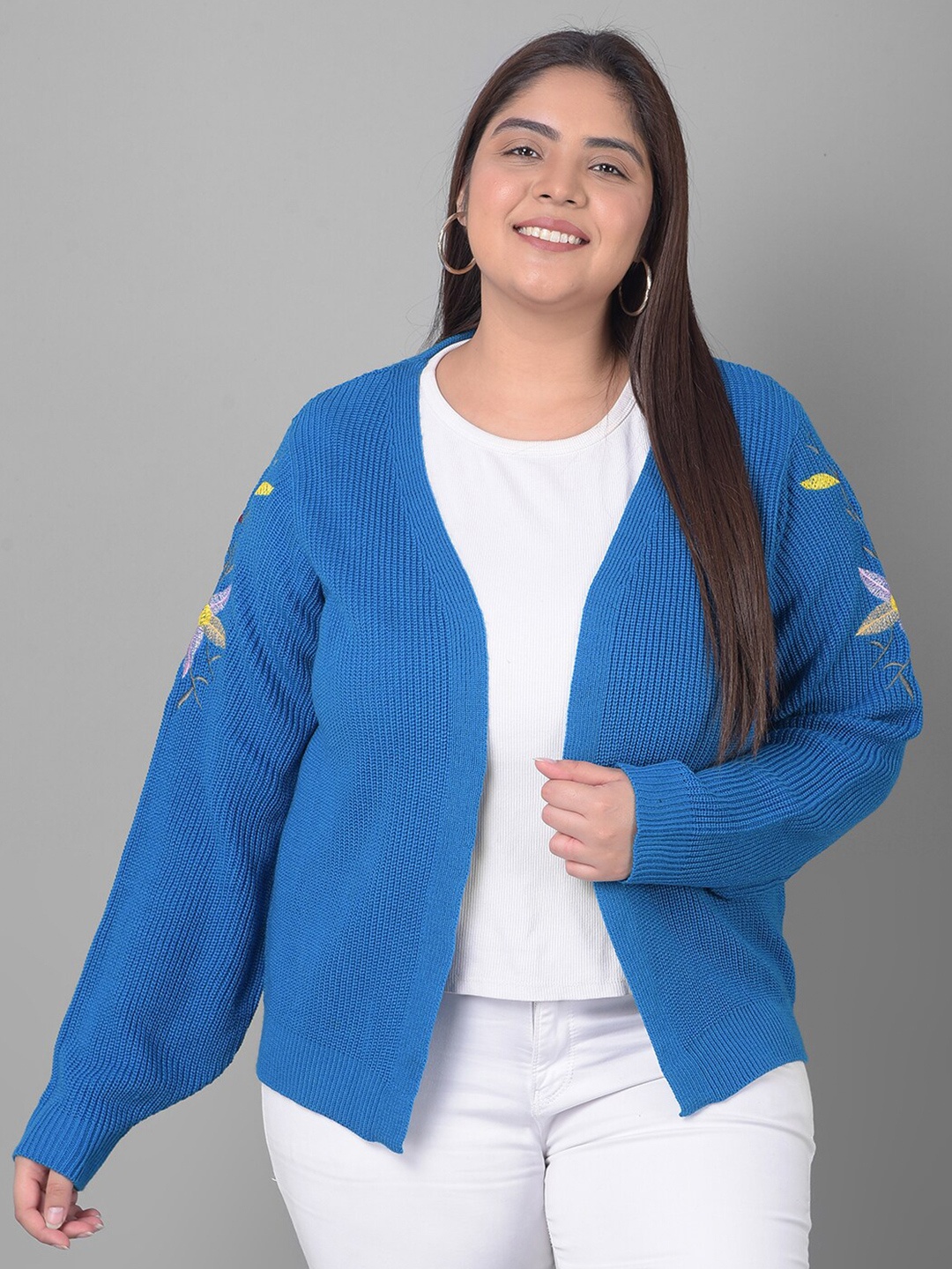 

Club York Floral Embroidered Acrylic Front-Open Sweater, Blue