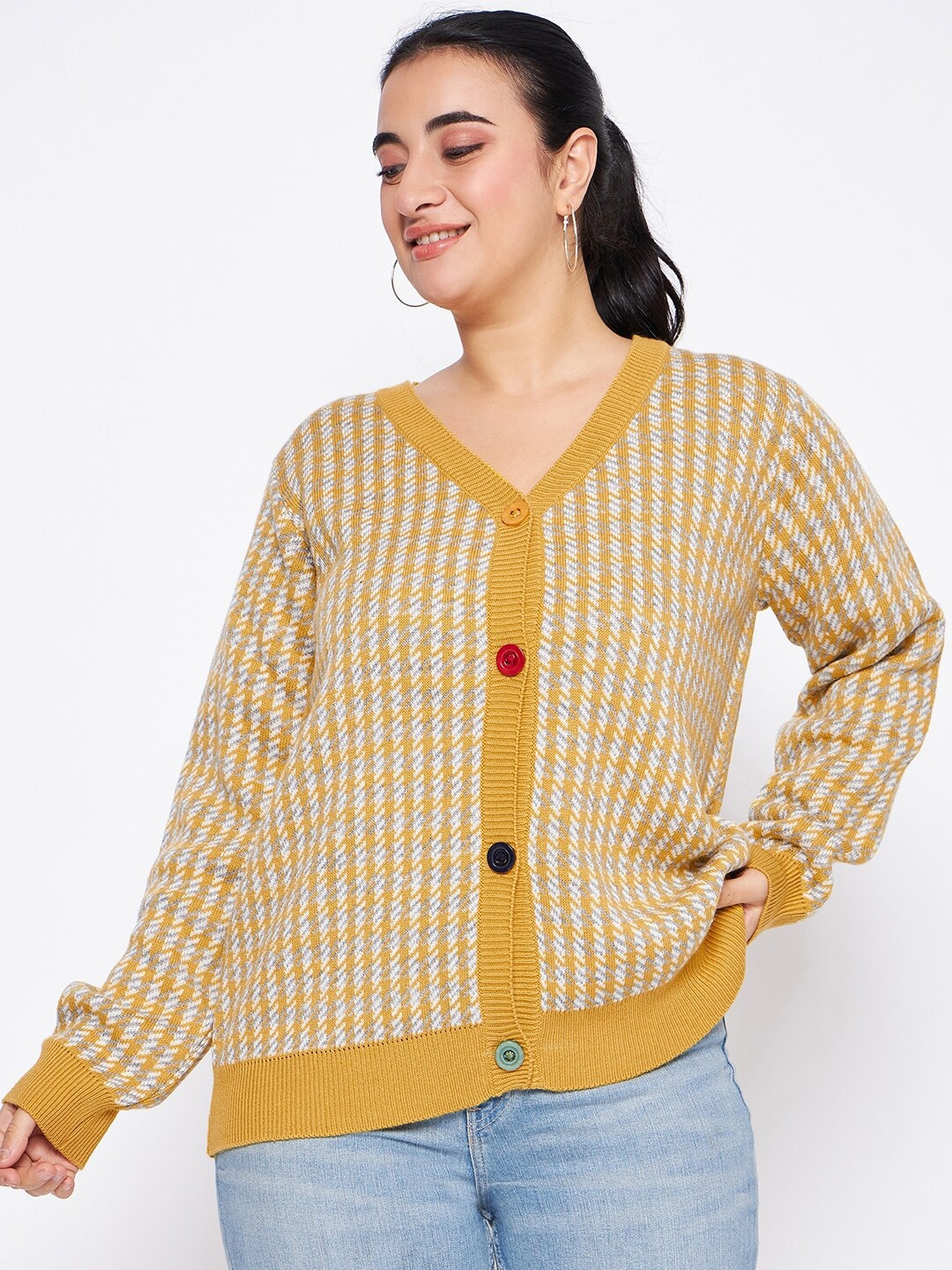 

Club York Geometric Printed V-Neck Cardigan, Yellow