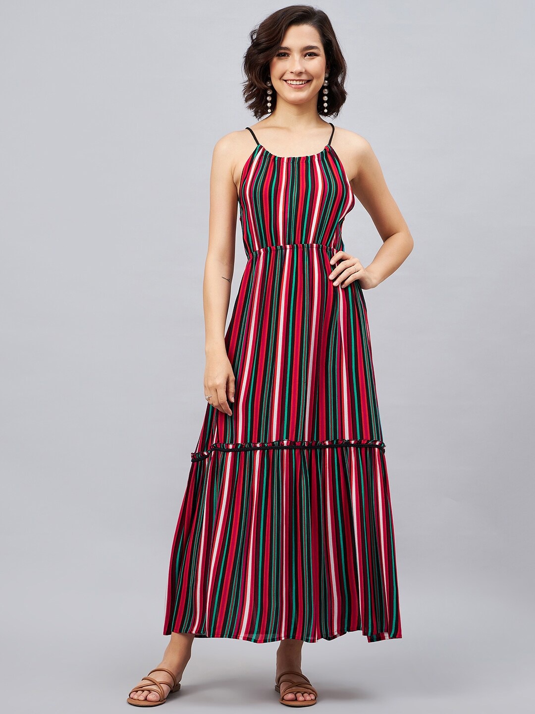 

Chemistry Striped Halter Neck Sleeveless Gathered Tiered Cotton Maxi Dress, Red