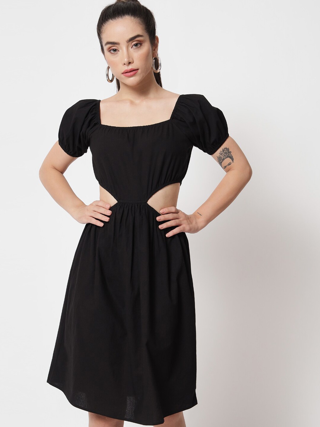 

Chemistry Square Neck Puff Sleeves Cut Out Cotton A-Line Dress, Black