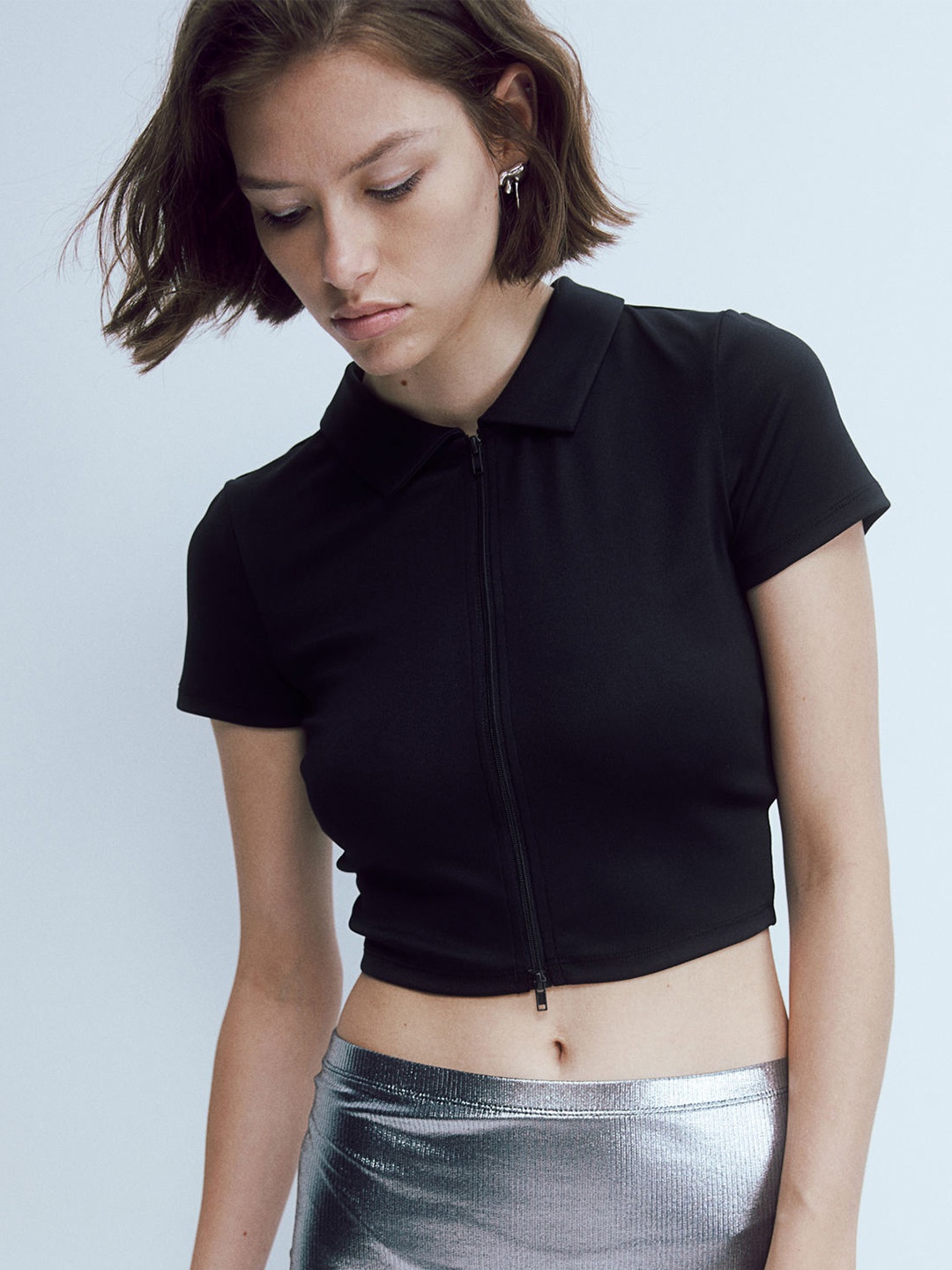 

H&M Collared Zip-Through Top, Black