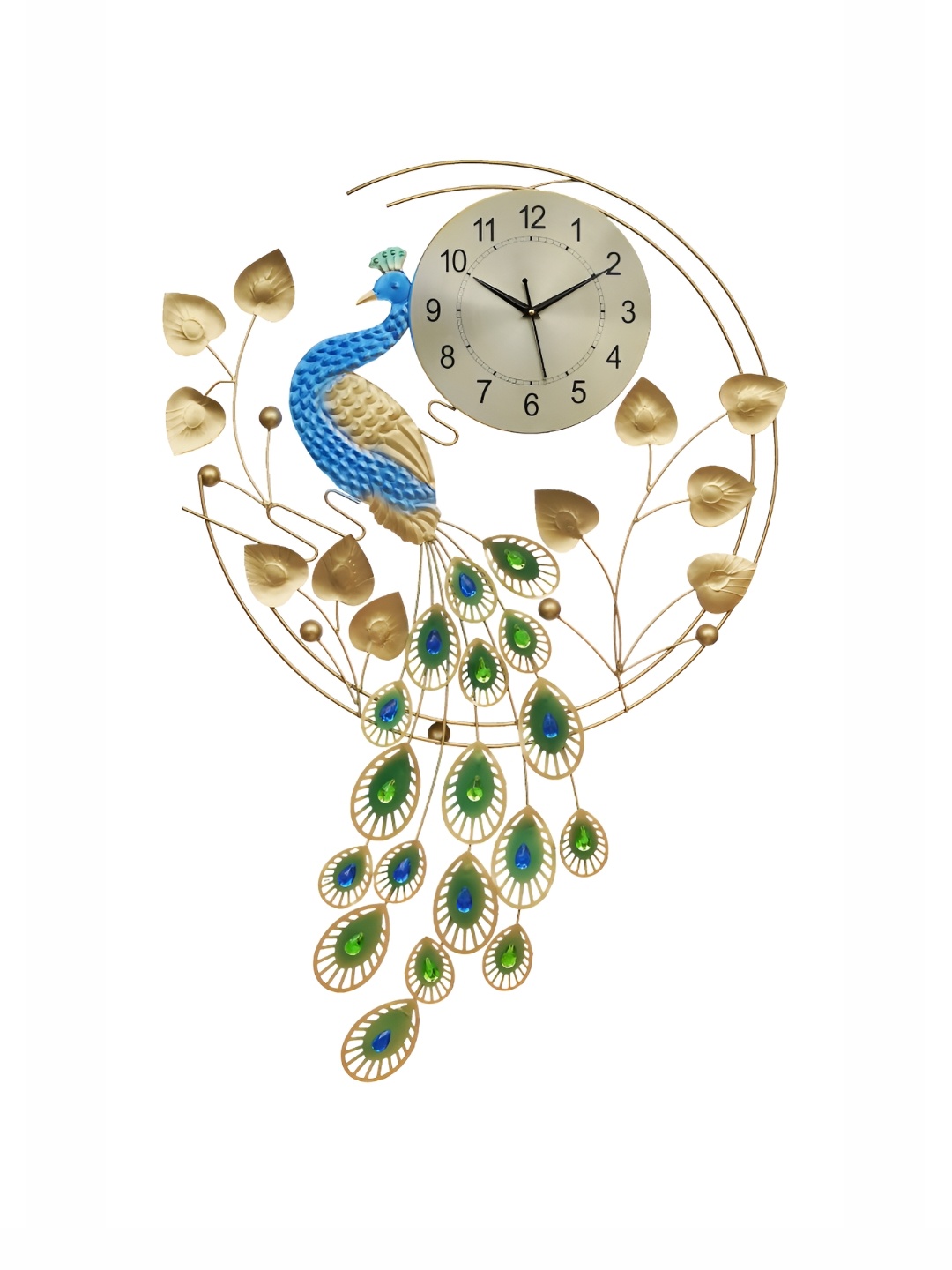 

Ancient Clock Makers Gold Toned & Blue Textured Traditional Peacock Analogue Wall Clock