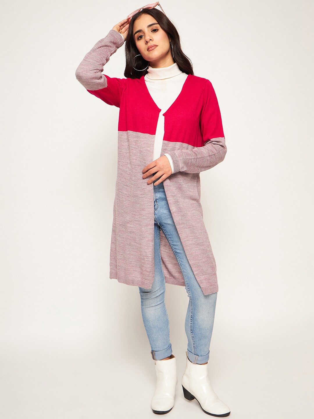 Club York Knitted Colourblocked Acrylic Front Open Sweater, Pink