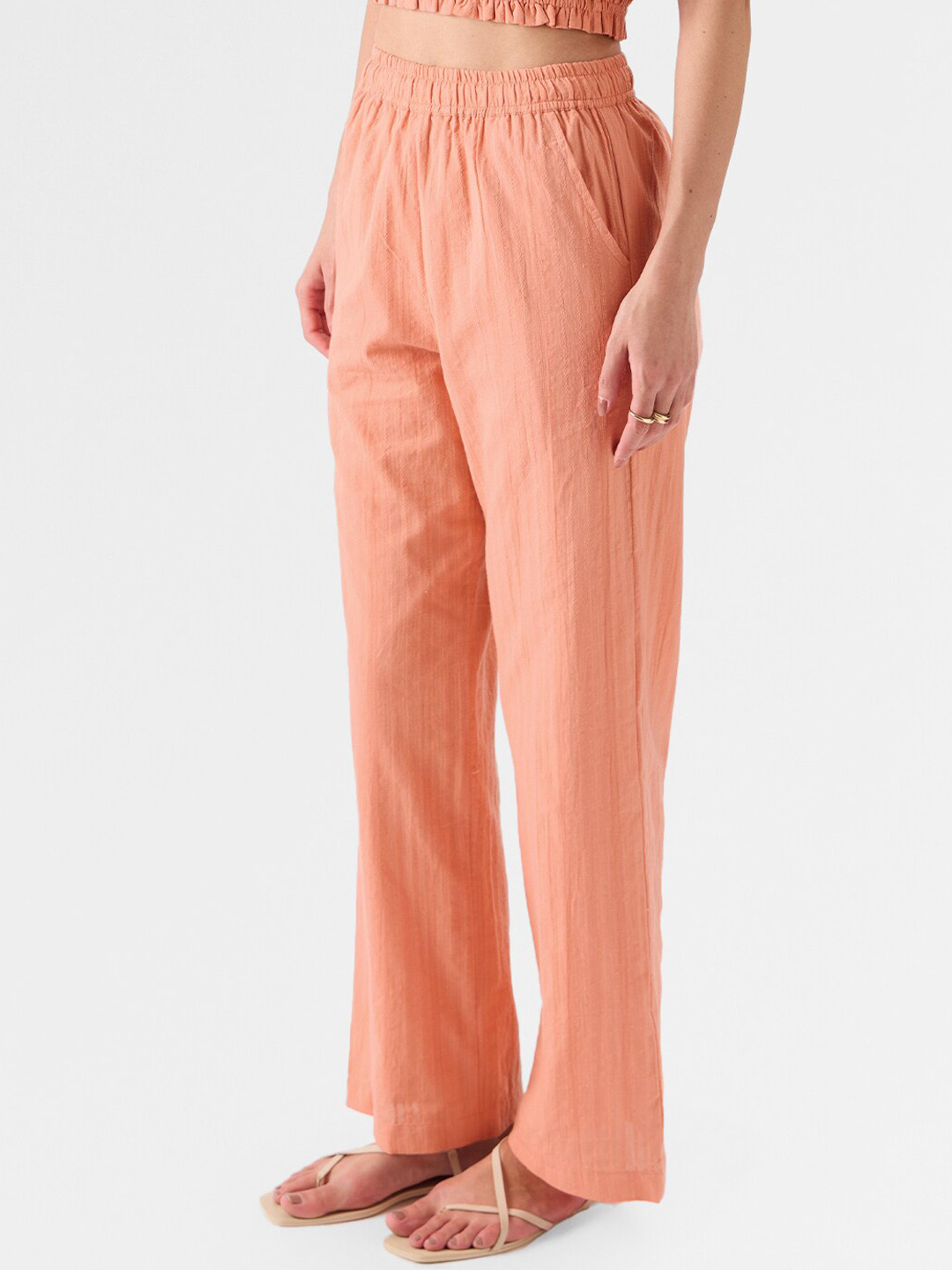 

The Souled Store Women Flared Easy Wash Pure Cotton Trousers, Peach