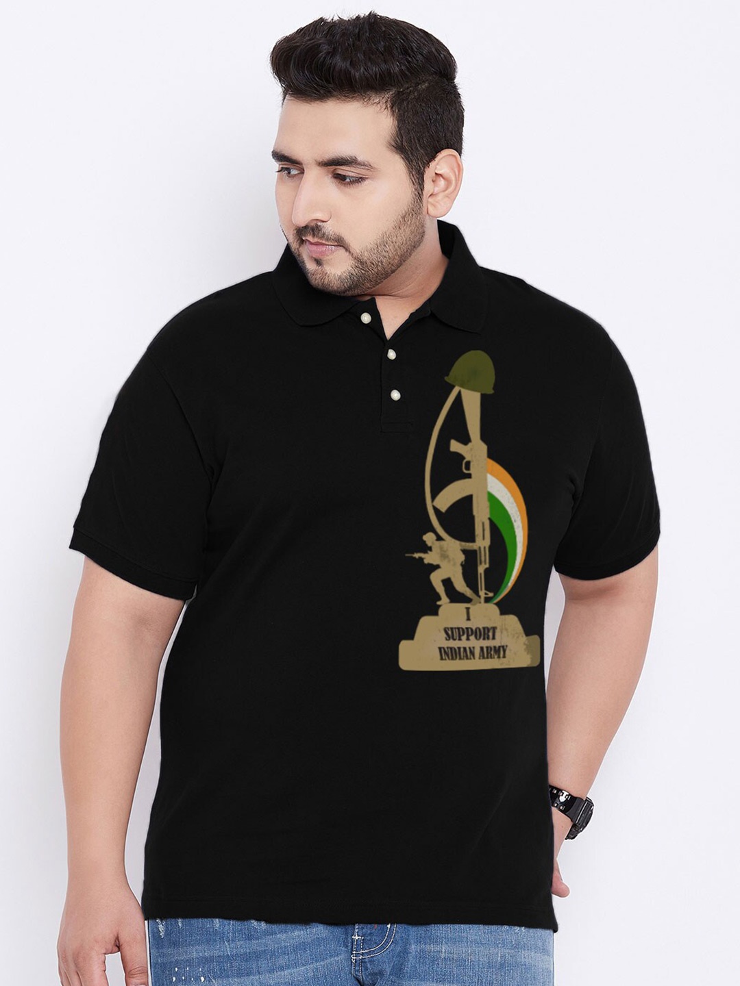 

bigbanana Plus Size Graphic Printed Polo Collar Regular T-shirt, Black