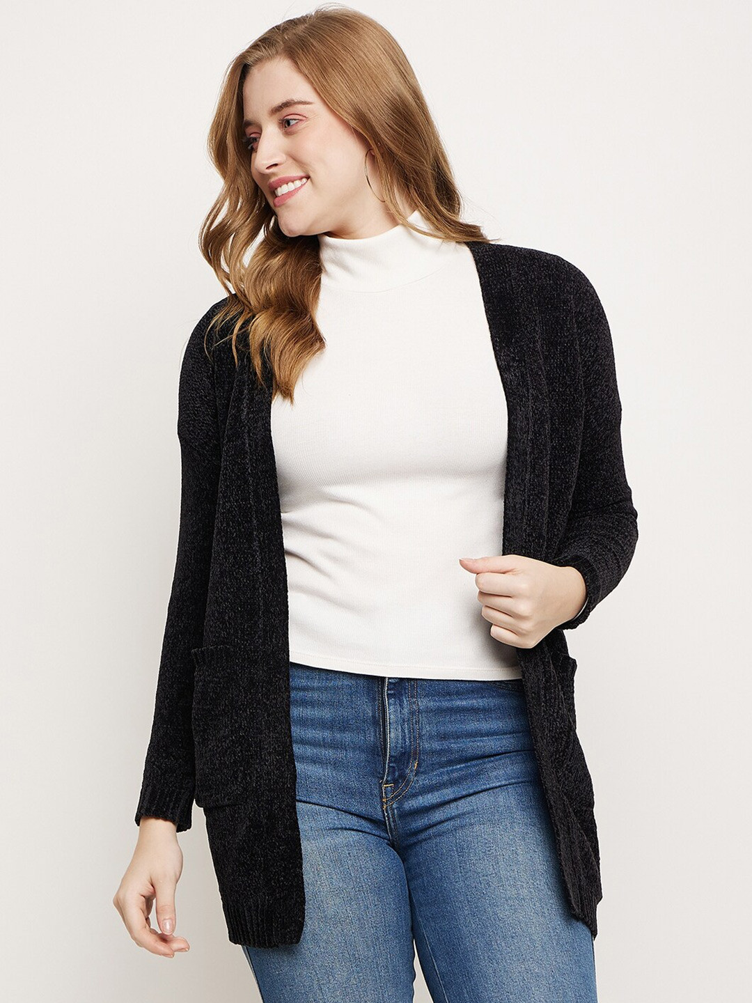 

Madame Self Design Open Front Shrug, Black