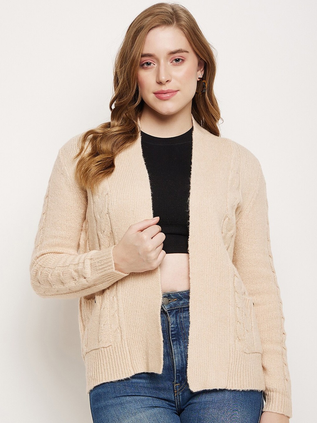

Madame Self Design Long Sleeves Open Front Casual Shrug, Beige