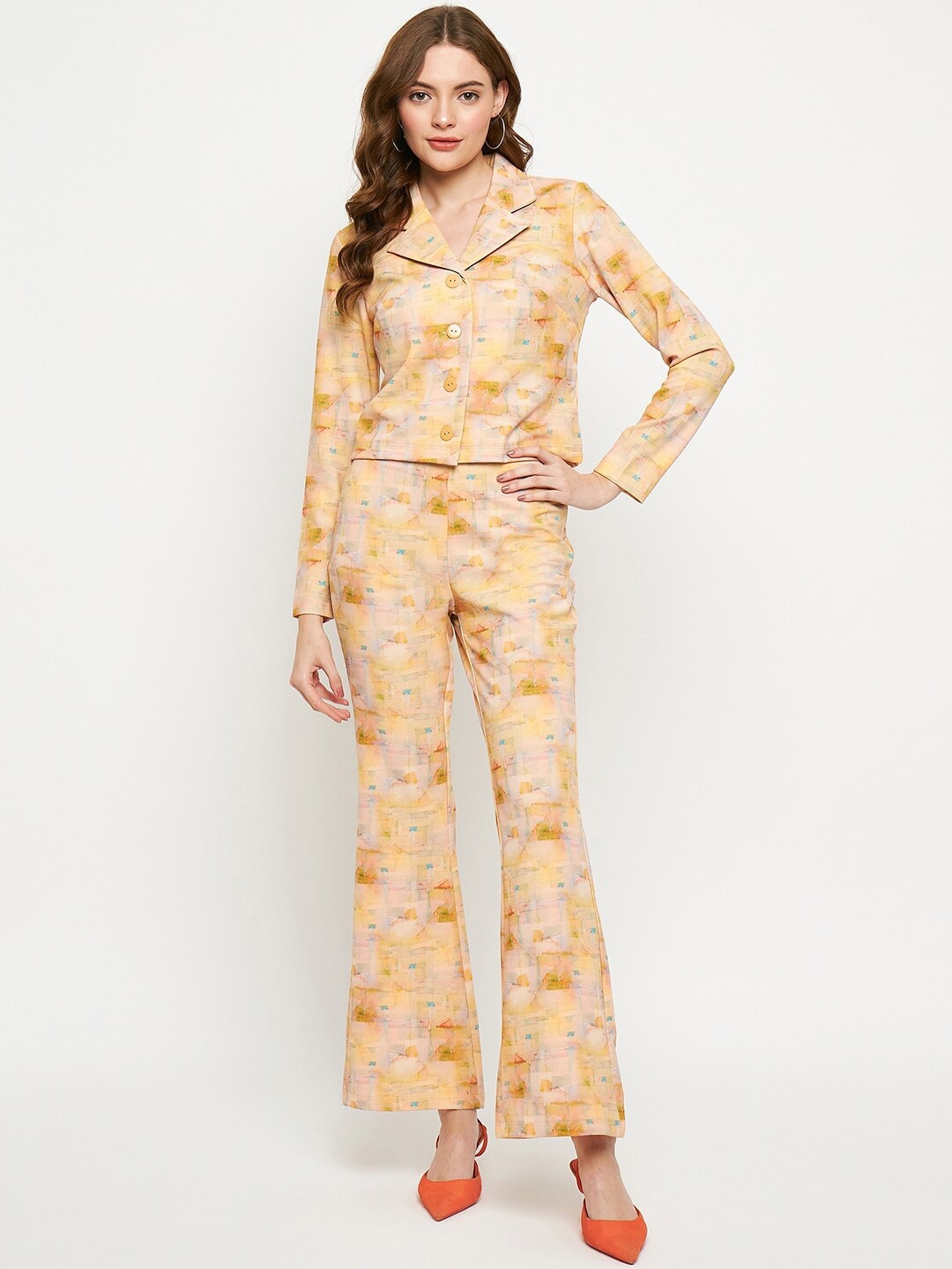 

Madame Printed Notched Lapel Collar Neck Shirt With Flared Trouser Co-Ords, Peach