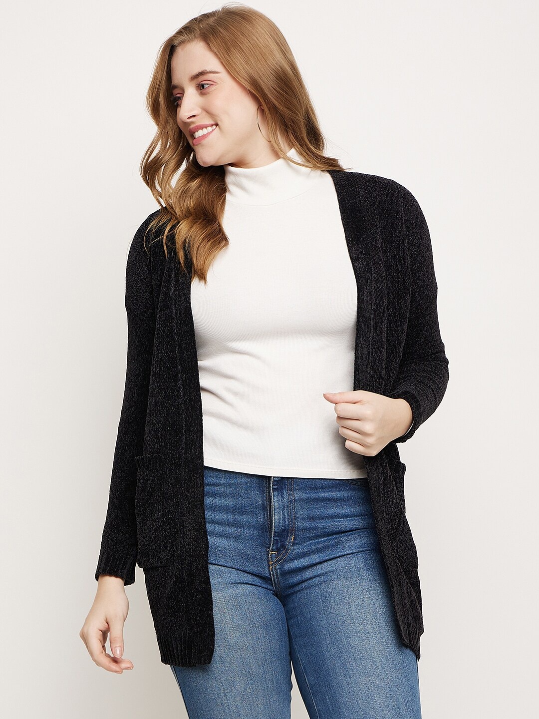 

Madame Long Sleeves Longline Open Front Casual Shrug, Black